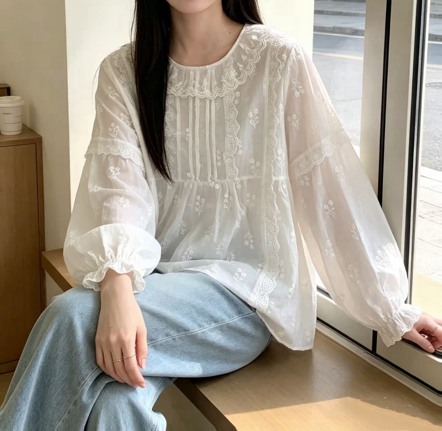 재고 있음 센 부서 낭만주의 레이스 폴로 칼라 자수 셔츠 아름다움 꽃밭 소매 부드러운 바람 맨위 여성 다용도 루즈핏 상세 이미지 6