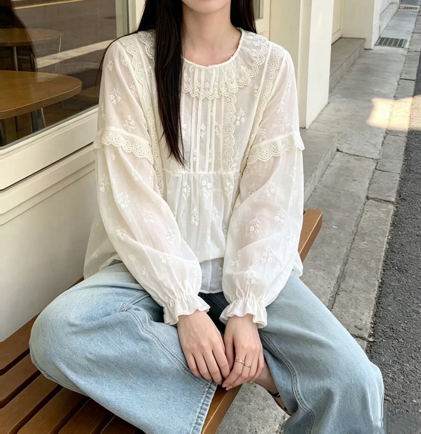 재고 있음 센 부서 낭만주의 레이스 폴로 칼라 자수 셔츠 아름다움 꽃밭 소매 부드러운 바람 맨위 여성 다용도 루즈핏 상세 이미지 7