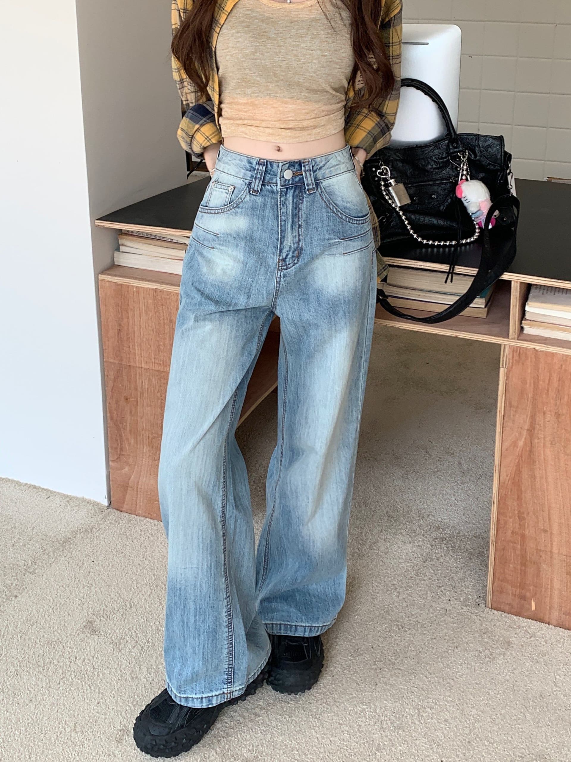 스트레이트 청바지 여성 봄 디자인 센스 슬림해 보이는 아메리칸 하늘색 하이웨이스트 지방 mm 빅 사이즈 다용도 와이드 레그 팬츠 어린이 상세 이미지 16