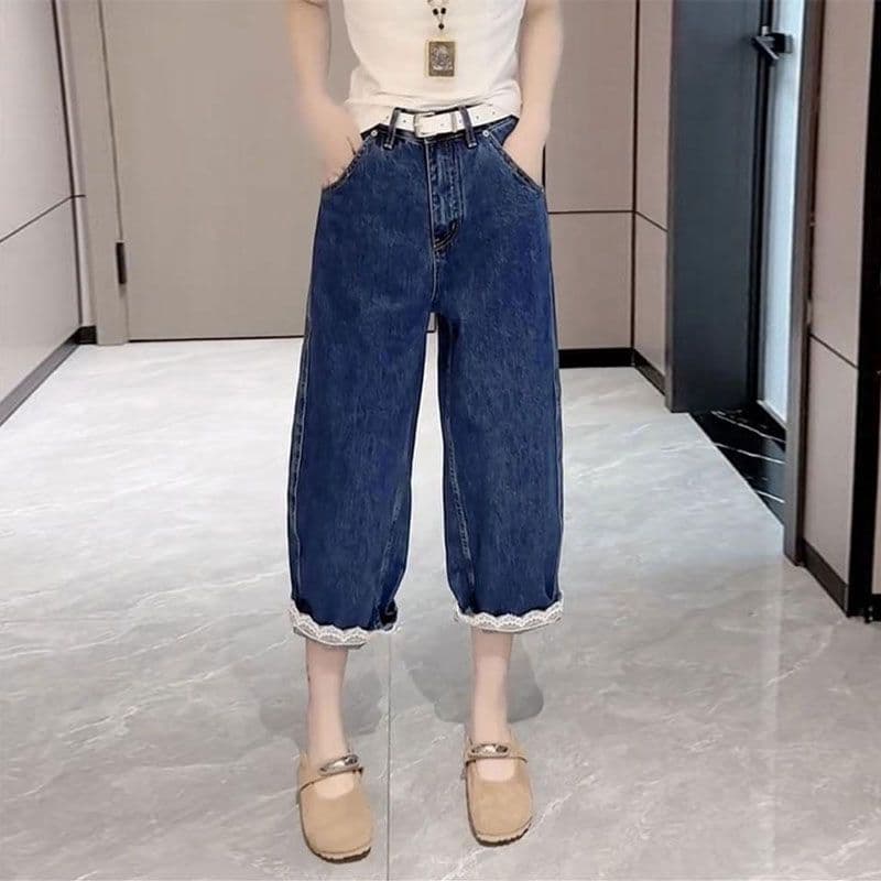 패션 레이스 레이스 데님 와이드 레깅스 바지 봄 여름 빅 사이즈 배 모양 몸 작은 키 스트레이트 8 점 바지 이미지 3