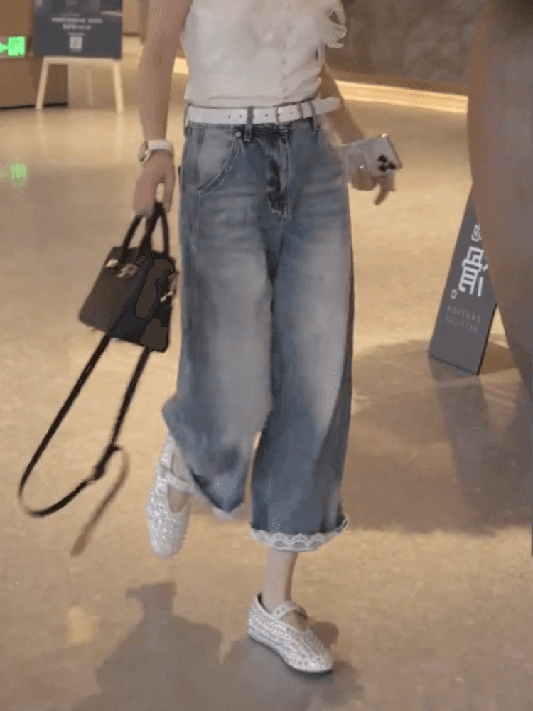 패션 레이스 레이스 데님 와이드 레깅스 바지 봄 여름 빅 사이즈 배 모양 몸 작은 키 스트레이트 8 점 바지 상세 이미지 7