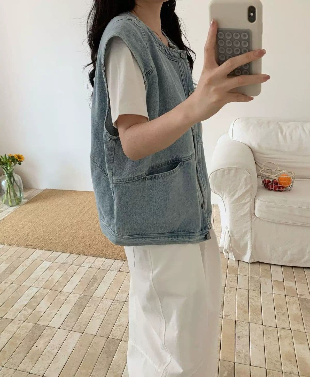하늘색 라운드 넥 데님 조끼 여자 여름 얇은 스타일 외부 가져 가라. 2026 새로운 루즈핏 레트로 민소매 어깨 맨위 상세 이미지 12