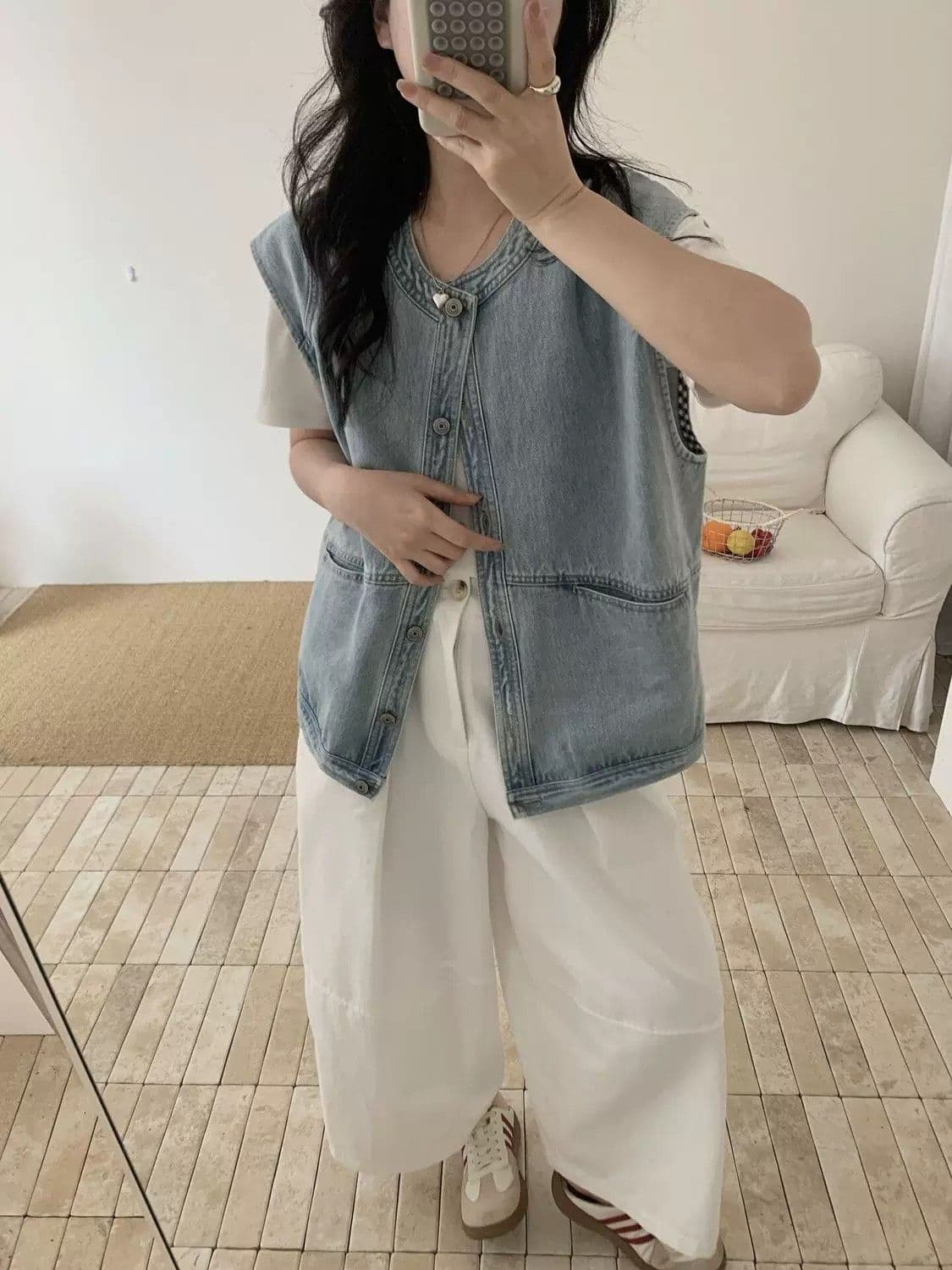 하늘색 라운드 넥 데님 조끼 여자 여름 얇은 스타일 외부 가져 가라. 2026 새로운 루즈핏 레트로 민소매 어깨 맨위 상세 이미지 16