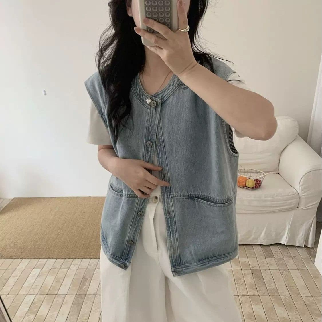 하늘색 라운드 넥 데님 조끼 여자 여름 얇은 스타일 외부 가져 가라. 2026 새로운 루즈핏 레트로 민소매 어깨 맨위