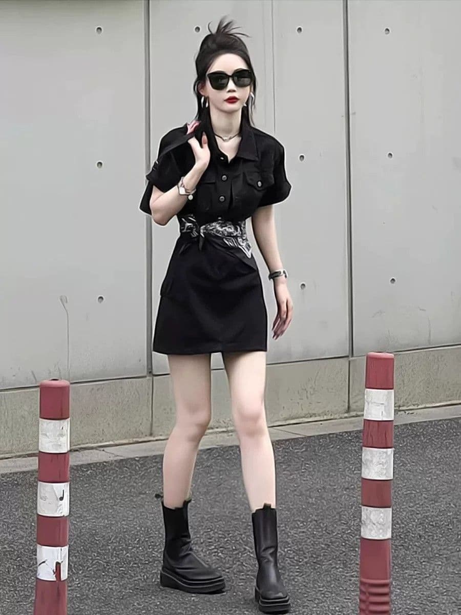 로얄 자매 품격 워크웨어 검정색 데님 스커트 여성 의류 여름 새로운 패션 허리 수축 반팔 드레스 한 마디 미니 스커트 상세 이미지 2