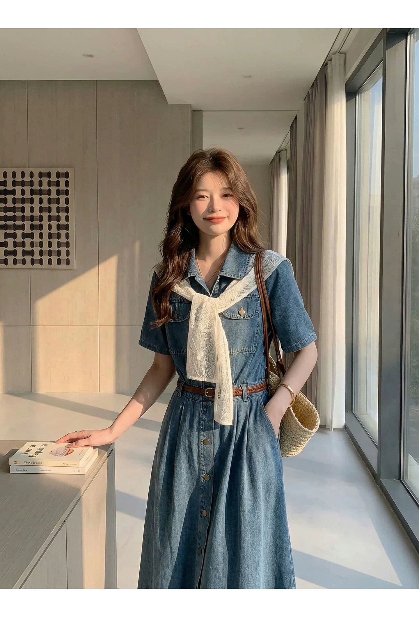 프랑스식 레트로 숄 데님 여성 드레스 여름 2026 새로운 허리 수축 A라인 스커트 슬림해 보이는 품격 셔츠 드레스 상세 이미지 1