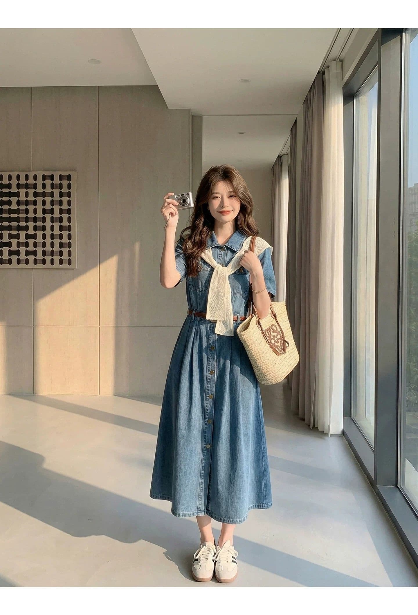 프랑스식 레트로 숄 데님 여성 드레스 여름 2026 새로운 허리 수축 A라인 스커트 슬림해 보이는 품격 셔츠 드레스 상세 이미지 14