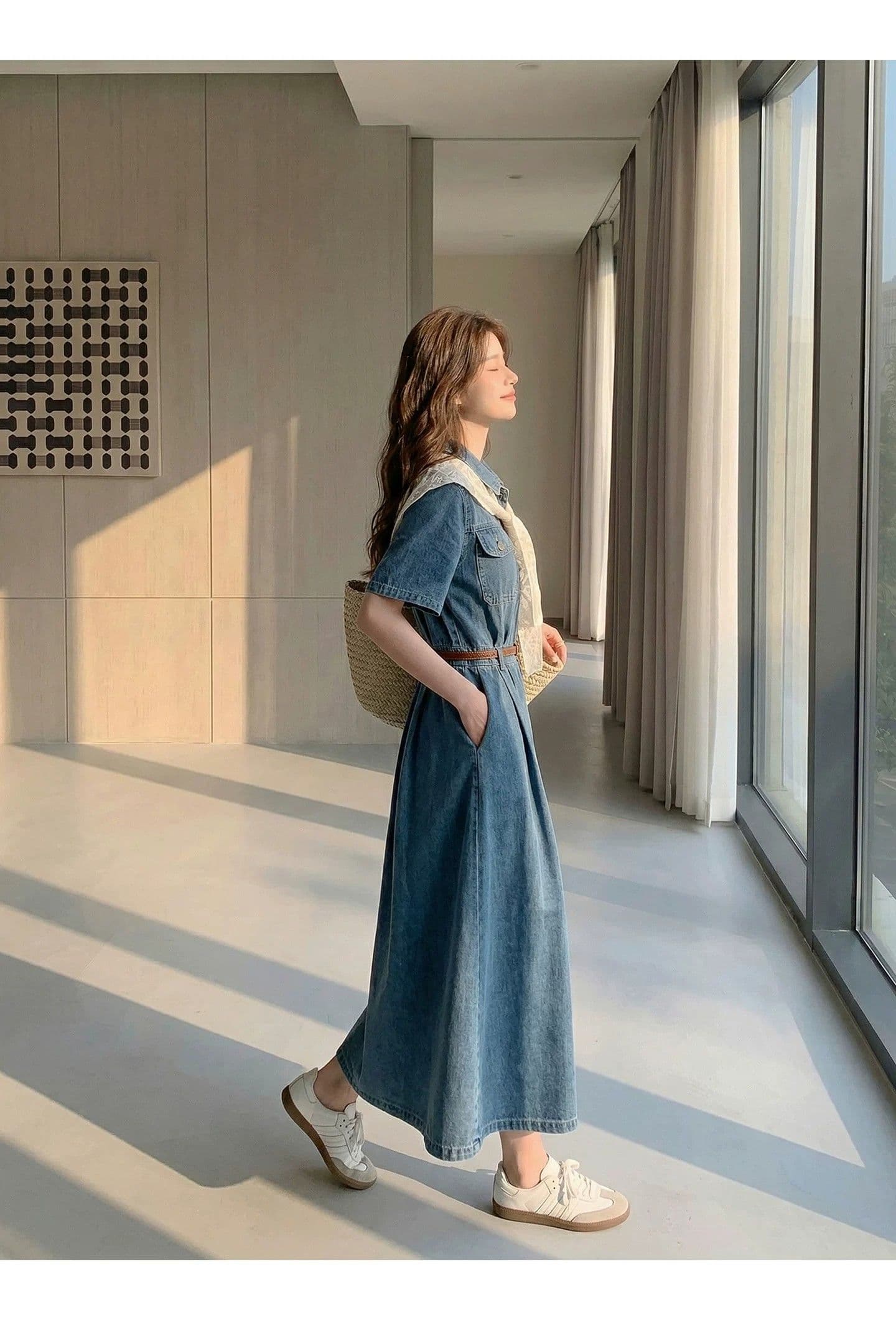 프랑스식 레트로 숄 데님 여성 드레스 여름 2026 새로운 허리 수축 A라인 스커트 슬림해 보이는 품격 셔츠 드레스 상세 이미지 15