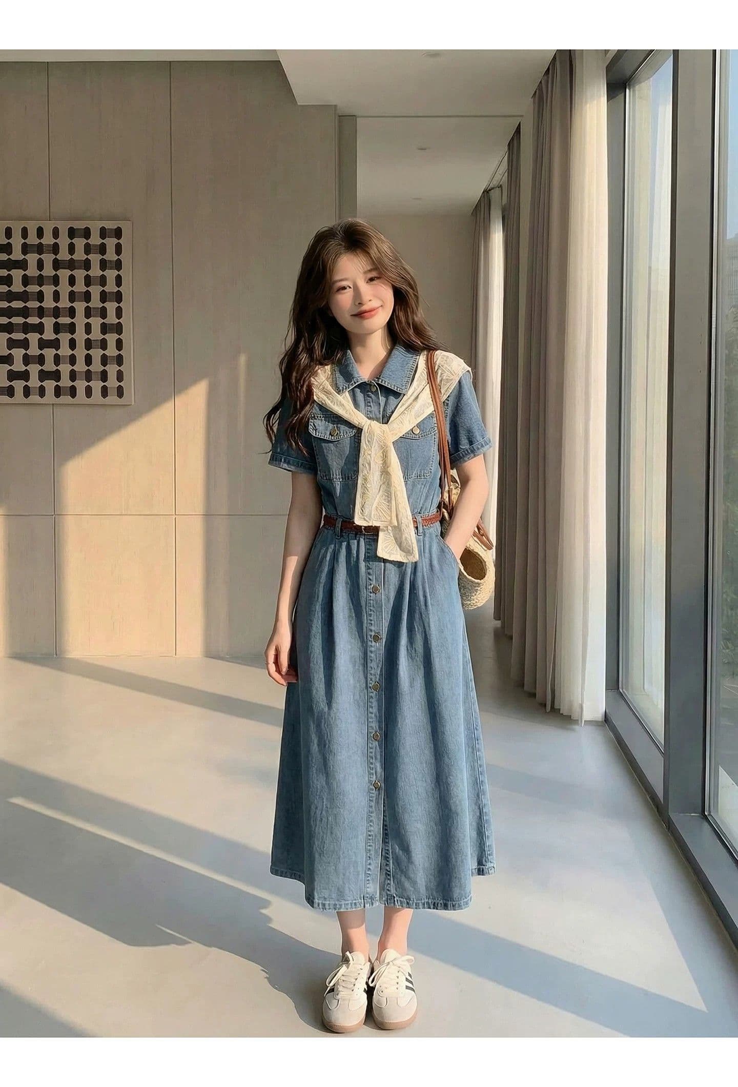 프랑스식 레트로 숄 데님 여성 드레스 여름 2026 새로운 허리 수축 A라인 스커트 슬림해 보이는 품격 셔츠 드레스 상세 이미지 17