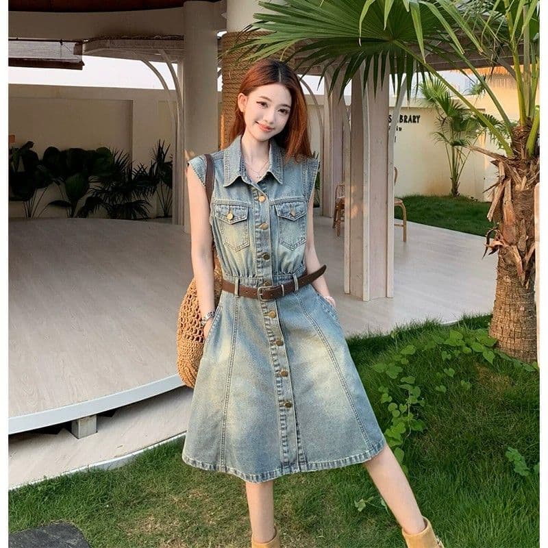 레트로 항구 바람 캐주얼 민소매 데님 여성 드레스 여름 2026 새로운 패션 루즈핏 슬림해 보이는 중간 길이 치마 이미지 4