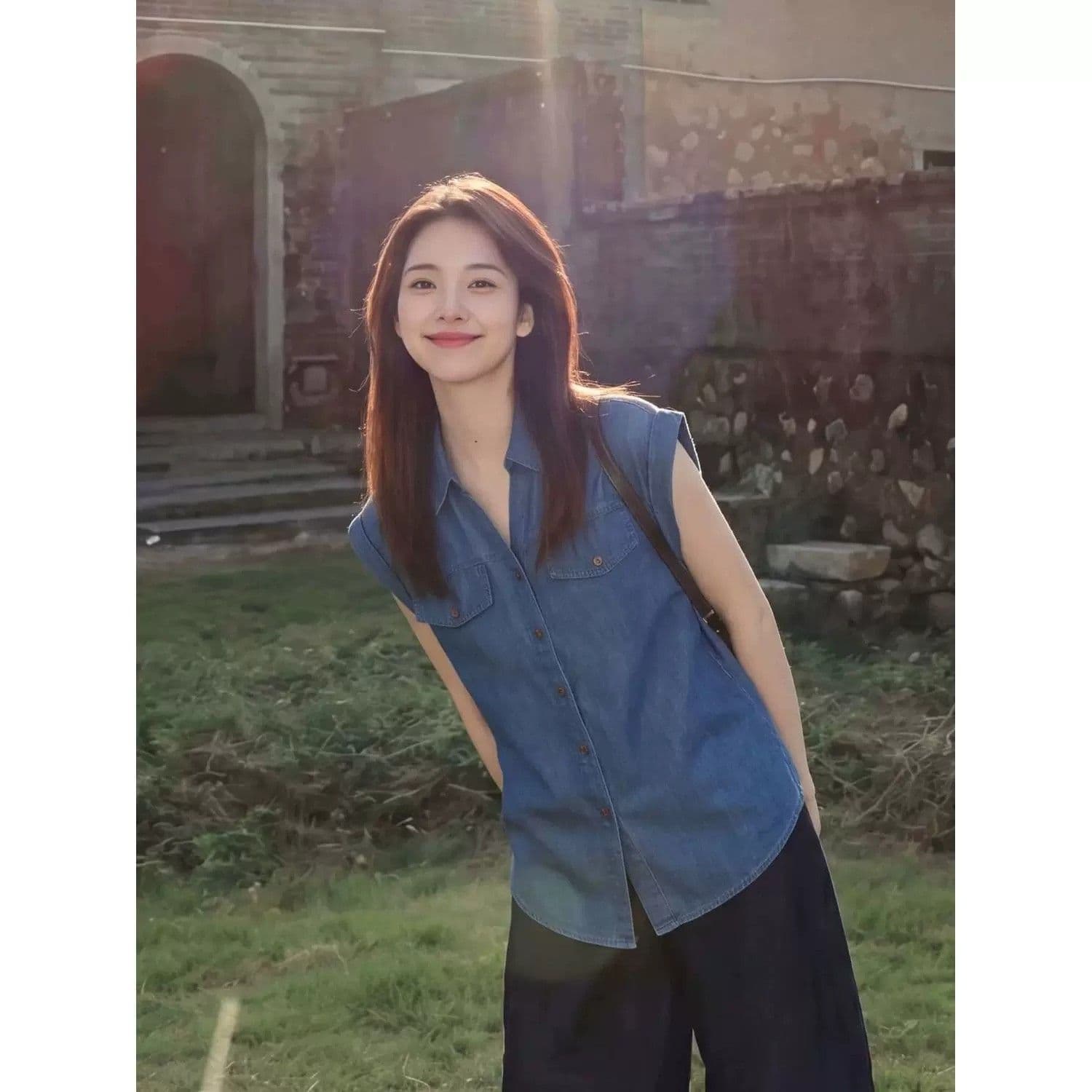 2026 여름 새로운 항구 바람 레트로 파란색 데님 민소매 셔츠 패션 폴로 칼라 품격 슬림해 보이는 외국 가스 맨위 이미지 3