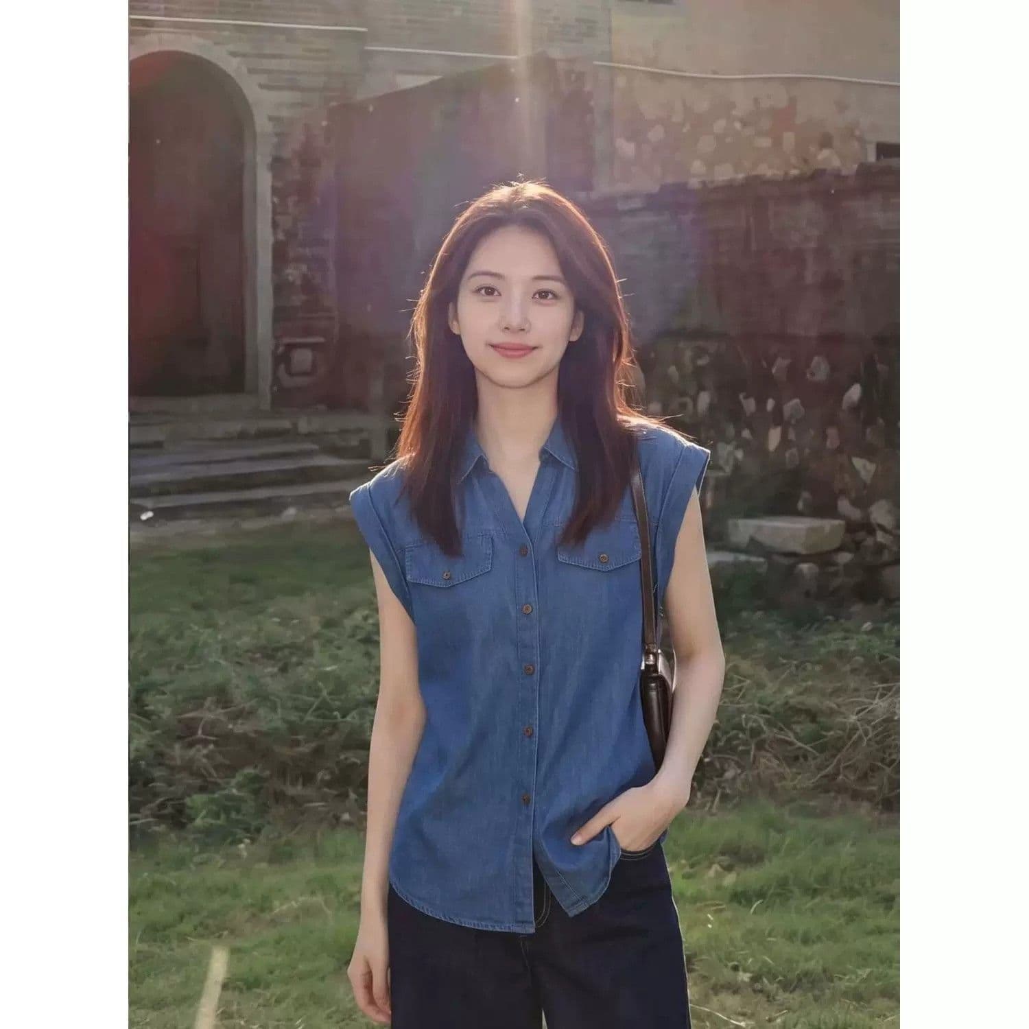 2026 여름 새로운 항구 바람 레트로 파란색 데님 민소매 셔츠 패션 폴로 칼라 품격 슬림해 보이는 외국 가스 맨위 이미지 4