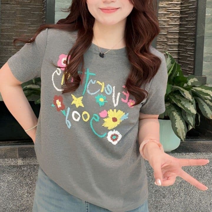 디자인 센스 프린트 꽃 긍정적 인 어깨 반팔 티셔츠 여성 2026 여름 루즈핏 다용도 라운드 넥 캐주얼 반소매 맨위 상세 이미지 5