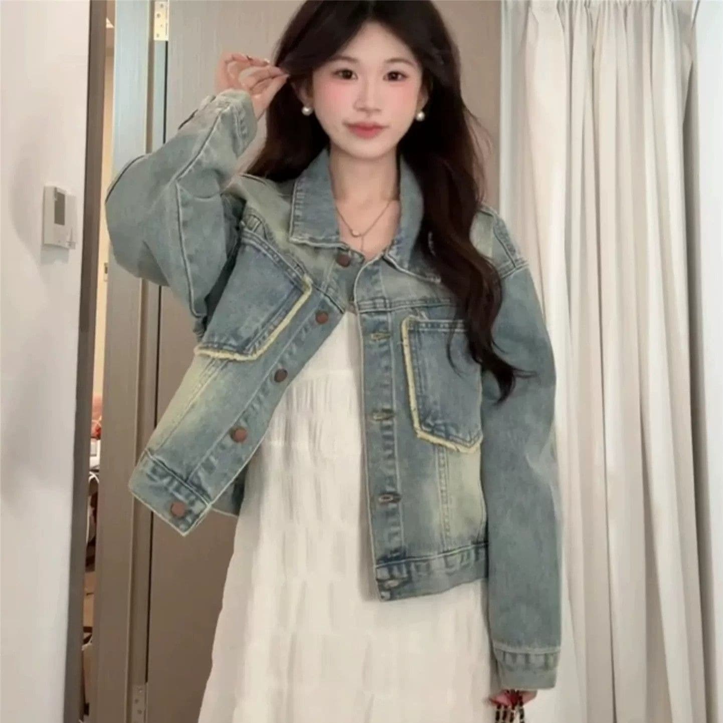 작은 키 한 부서 자이언트 잘 생긴 파란색 긍정적 인 어깨 카우보이 바깥 세트 여성 2026 새로운 다용도 출퇴근 재킷 오픈 가디건 이미지 6