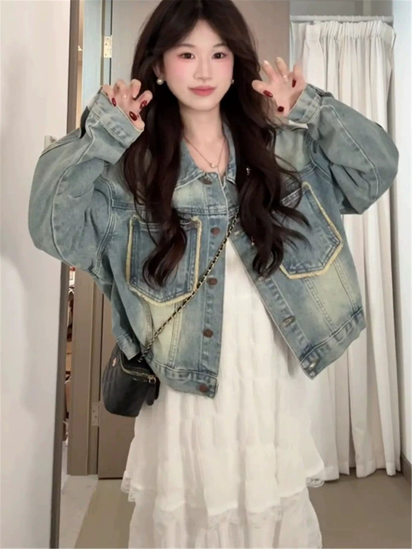 작은 키 한 부서 자이언트 잘 생긴 파란색 긍정적 인 어깨 카우보이 바깥 세트 여성 2026 새로운 다용도 출퇴근 재킷 오픈 가디건 상세 이미지 1