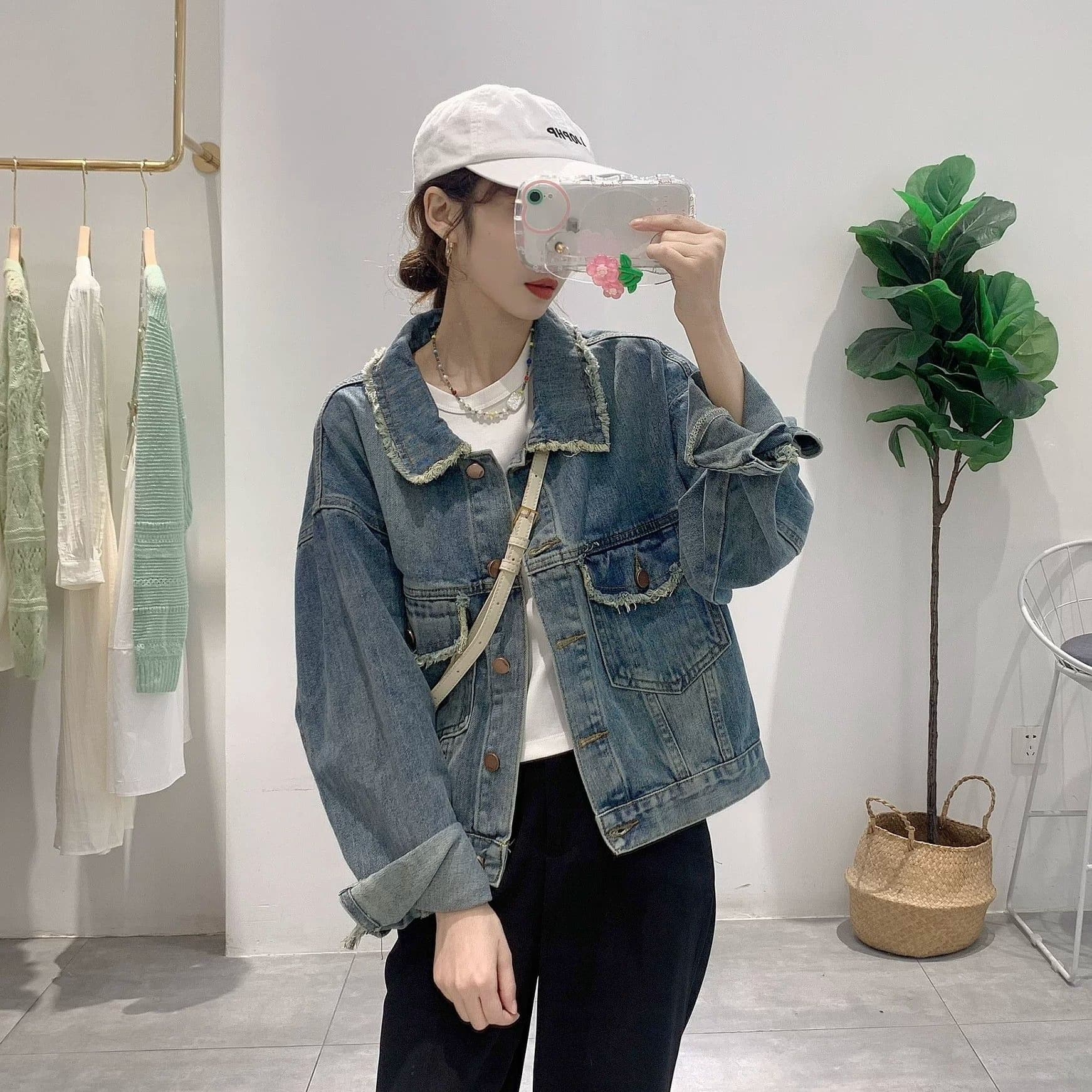 봄 가을 작은 샤넬 스타일 털 반드시 측면 데님 여성 코트 디자인 센스 작은 대중 쇼트 스타일 루즈핏 캐주얼 연령 감소 재킷 맨위 이미지 3