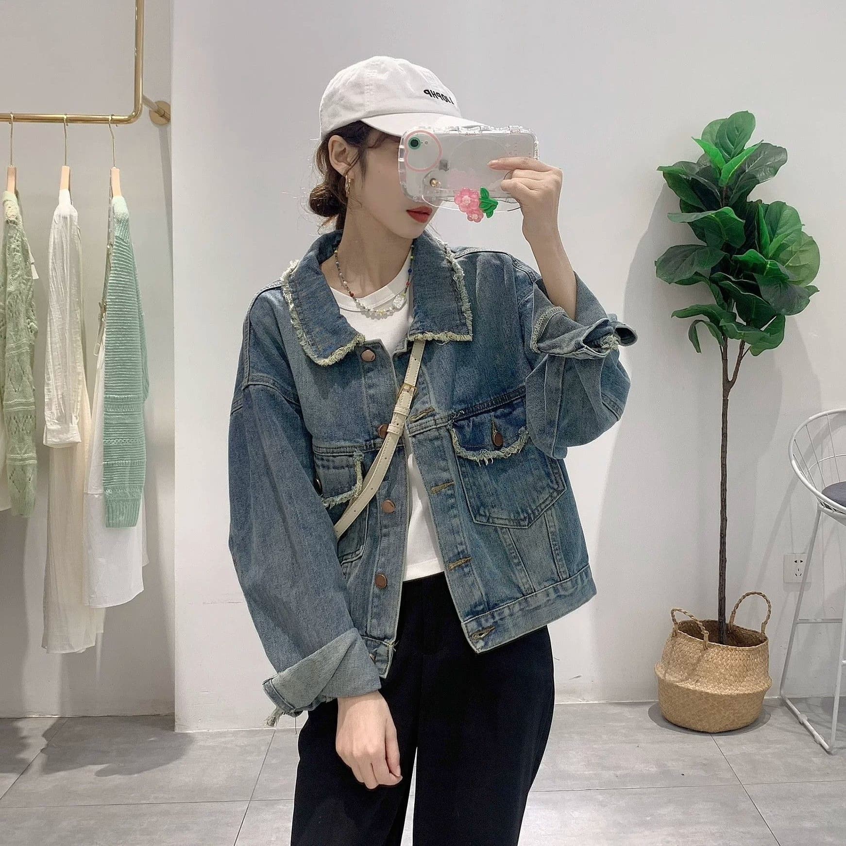 봄 가을 작은 샤넬 스타일 털 반드시 측면 데님 여성 코트 디자인 센스 작은 대중 쇼트 스타일 루즈핏 캐주얼 연령 감소 재킷 맨위 이미지 2