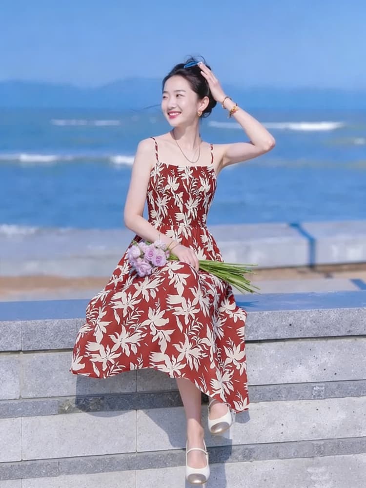 휴가 바람 꽃무늬 드레스 2026 여름 새로운 해변가 민소매 프랑스식 꽃무늬 빅 플레어 스커트 중간 길이 상세 이미지 5