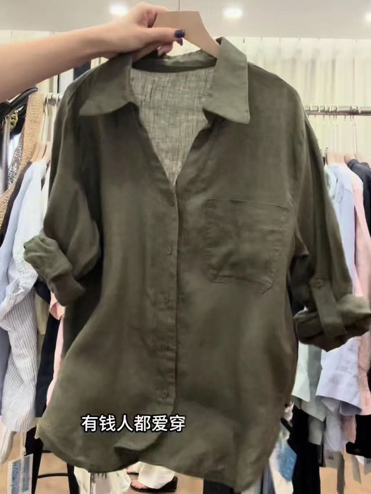 사랑 추천 오래된 돈 바람 군용 녹색 아마 여성 셔츠 여름 새로운 레트로 품격 루즈핏 폴로 칼라 맨위 상세 이미지 2