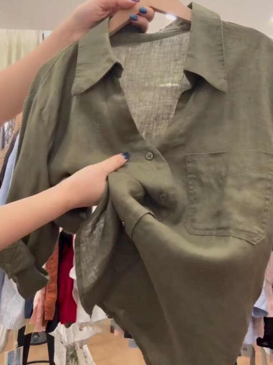 사랑 추천 오래된 돈 바람 군용 녹색 아마 여성 셔츠 여름 새로운 레트로 품격 루즈핏 폴로 칼라 맨위 상세 이미지 4