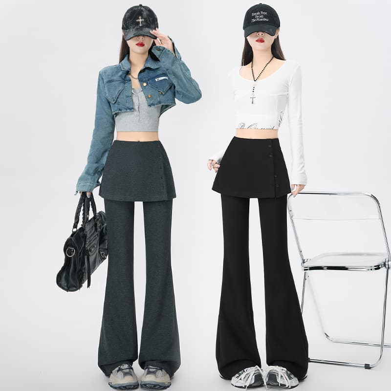 실사 페이크 레이어드 방귀 커튼 플레어 바지 가을 2026 새로운 부츠컷 넓은 다리 캐주얼 바지 작은 키 몸매 가꾸기 슬림해 보이는 이미지 2