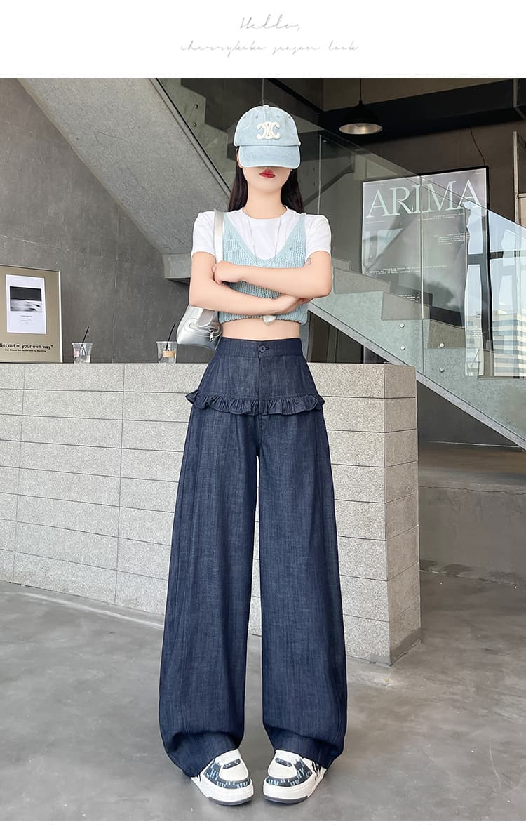 실사 모방 데님 와이드 레깅스 바지 2026 가을 새로운 프릴 디자인 루즈핏 슬림해 보이는 캐주얼 모통이 칼 바지 상세 이미지 51