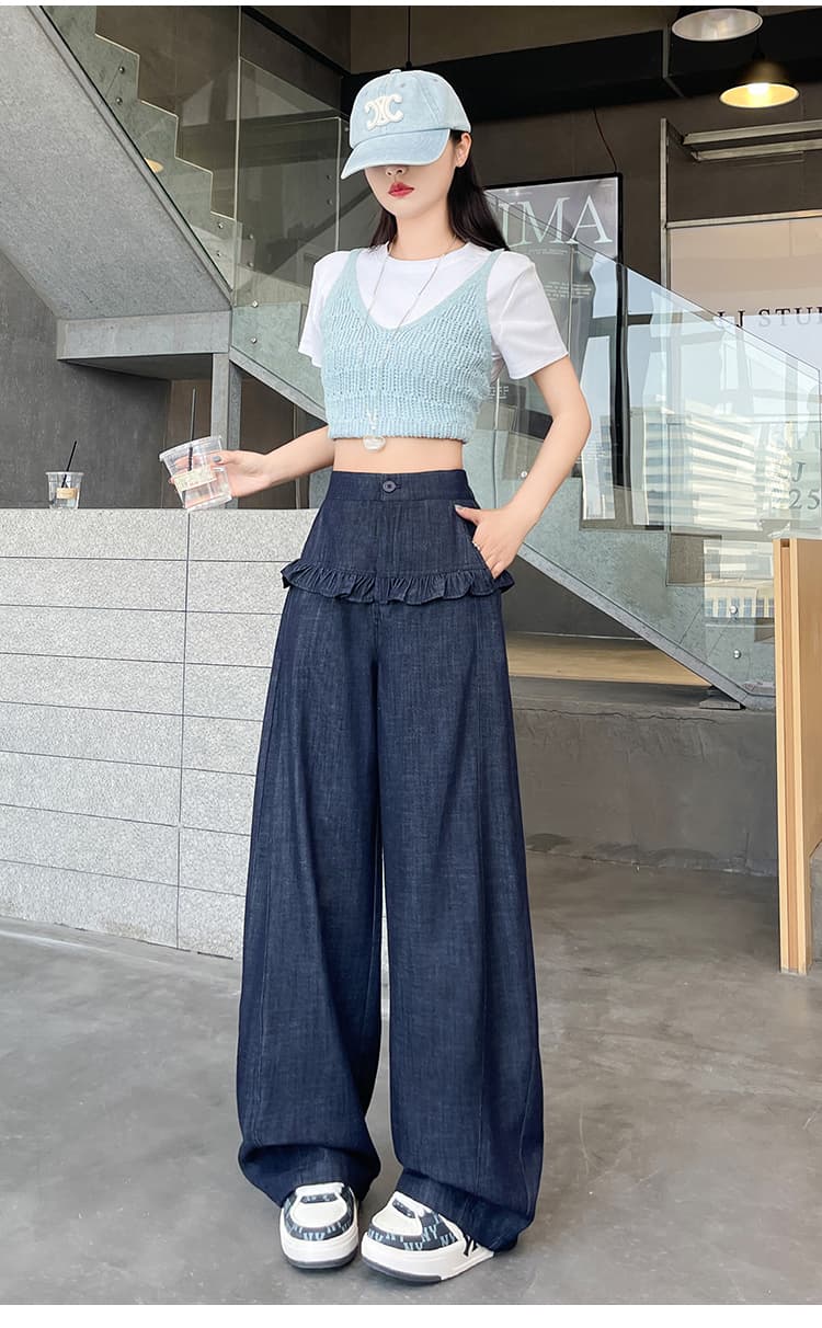 실사 모방 데님 와이드 레깅스 바지 2026 가을 새로운 프릴 디자인 루즈핏 슬림해 보이는 캐주얼 모통이 칼 바지 상세 이미지 54