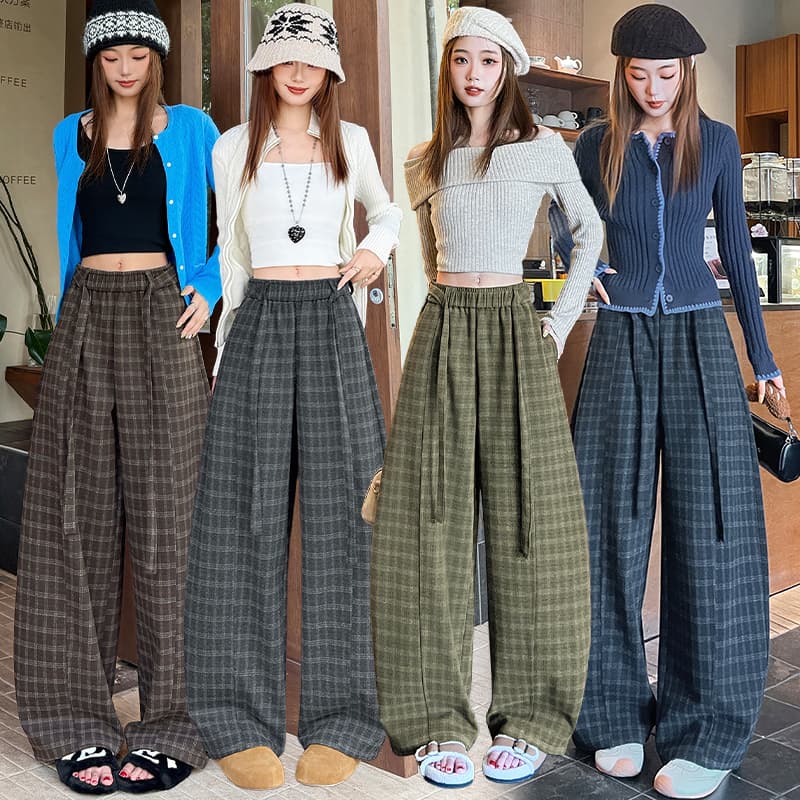실사 체크무늬 레트로 체크무늬 와이드 레그 팬츠 2026 여성 가을 겨울 루즈핏 하이웨이스트 슬림해 보이는 캐주얼 바지 롱 코트 모통이 칼 바지 이미지 6