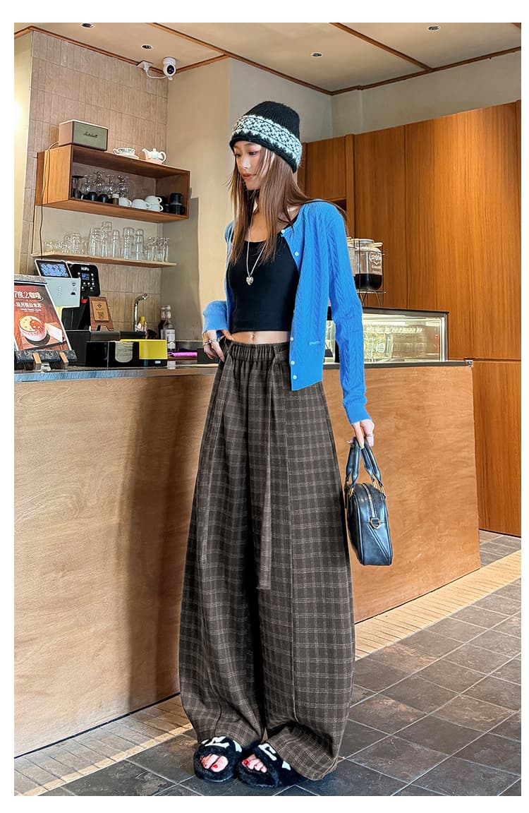 실사 체크무늬 레트로 체크무늬 와이드 레그 팬츠 2026 여성 가을 겨울 루즈핏 하이웨이스트 슬림해 보이는 캐주얼 바지 롱 코트 모통이 칼 바지 상세 이미지 30