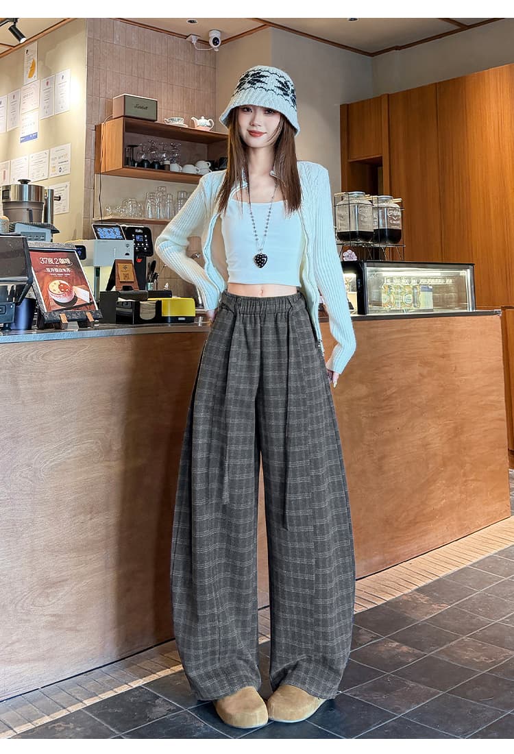 실사 체크무늬 레트로 체크무늬 와이드 레그 팬츠 2026 여성 가을 겨울 루즈핏 하이웨이스트 슬림해 보이는 캐주얼 바지 롱 코트 모통이 칼 바지 상세 이미지 40