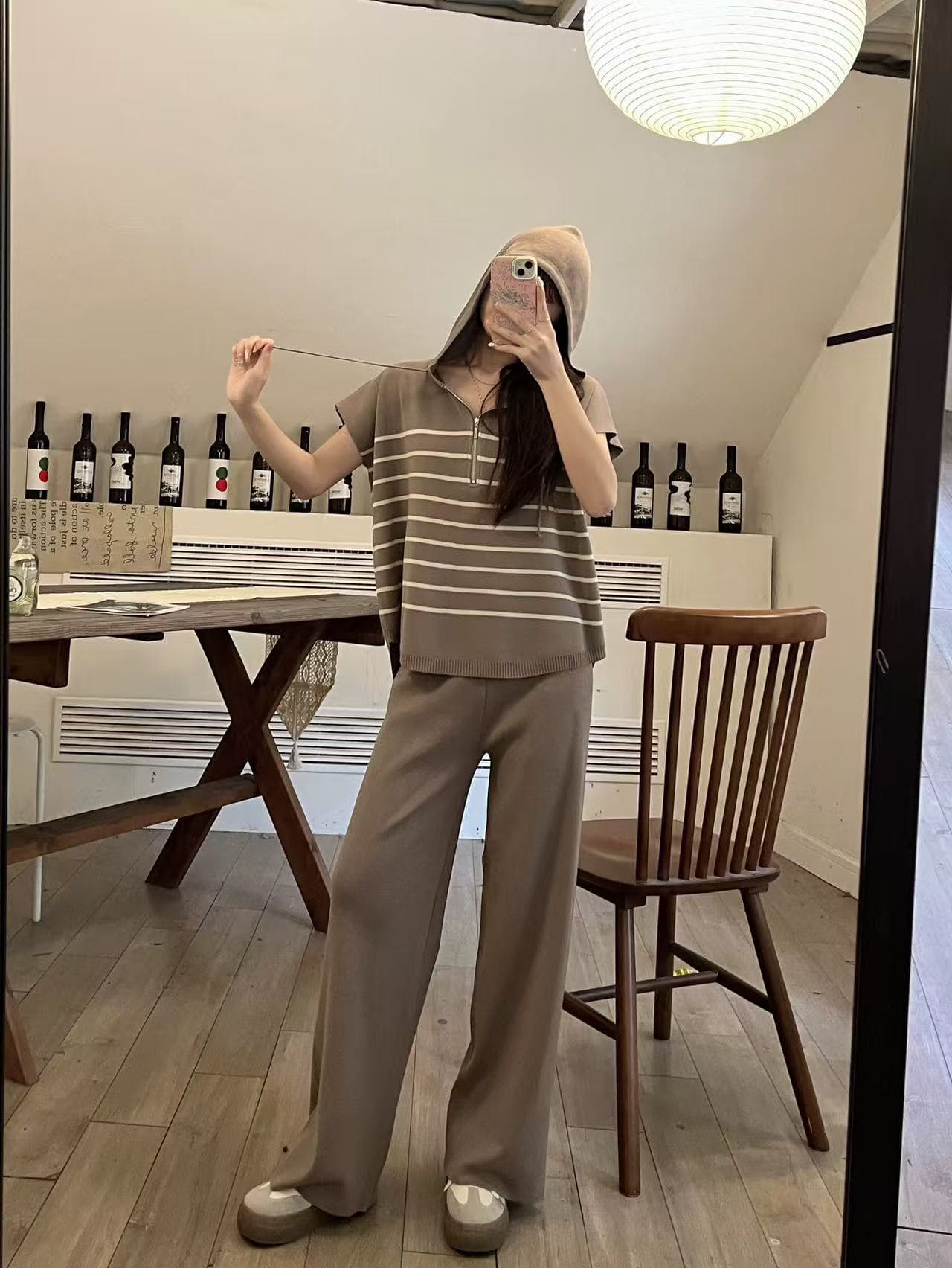 스트라이프 여름 새로운 한국 스타일 루즈핏 니트 후드 하프 지퍼 맨위 패션 캐주얼 와이드 레깅스 바지 이미지 2