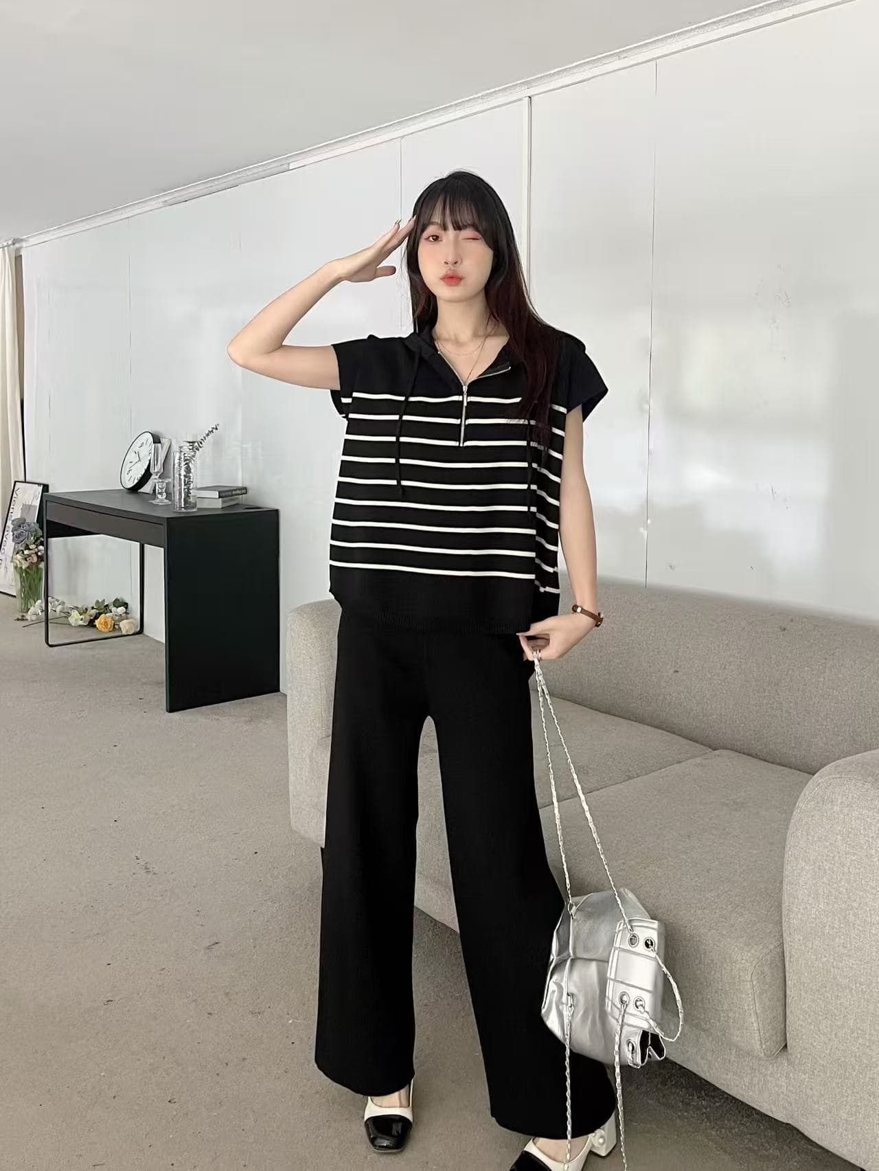 스트라이프 여름 새로운 한국 스타일 루즈핏 니트 후드 하프 지퍼 맨위 패션 캐주얼 와이드 레깅스 바지 상세 이미지 1