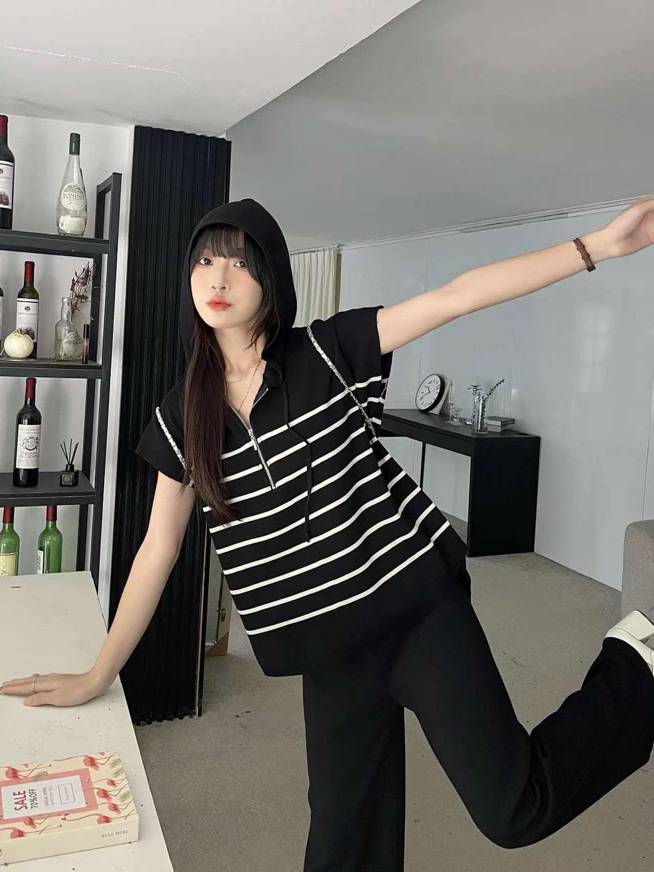 스트라이프 여름 새로운 한국 스타일 루즈핏 니트 후드 하프 지퍼 맨위 패션 캐주얼 와이드 레깅스 바지 상세 이미지 5