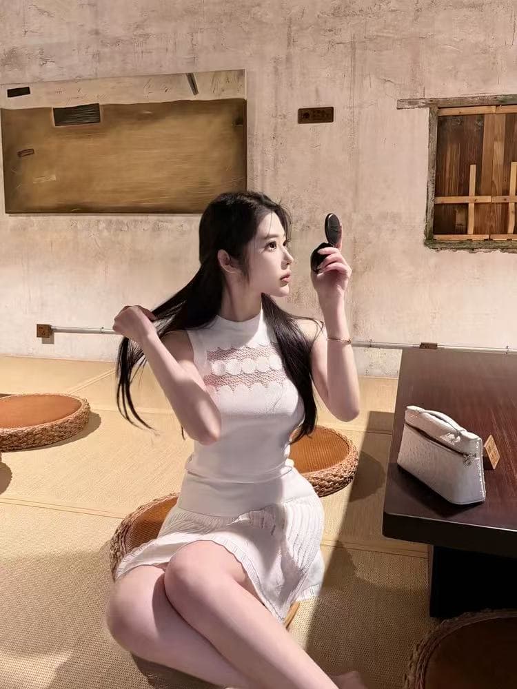 m900 레이스 조각 조끼 여성 2026 년 봄 새로운 반하이넥 핫걸 몸매 가꾸기 슬림해 보이는 니트 세트 상세 이미지 1