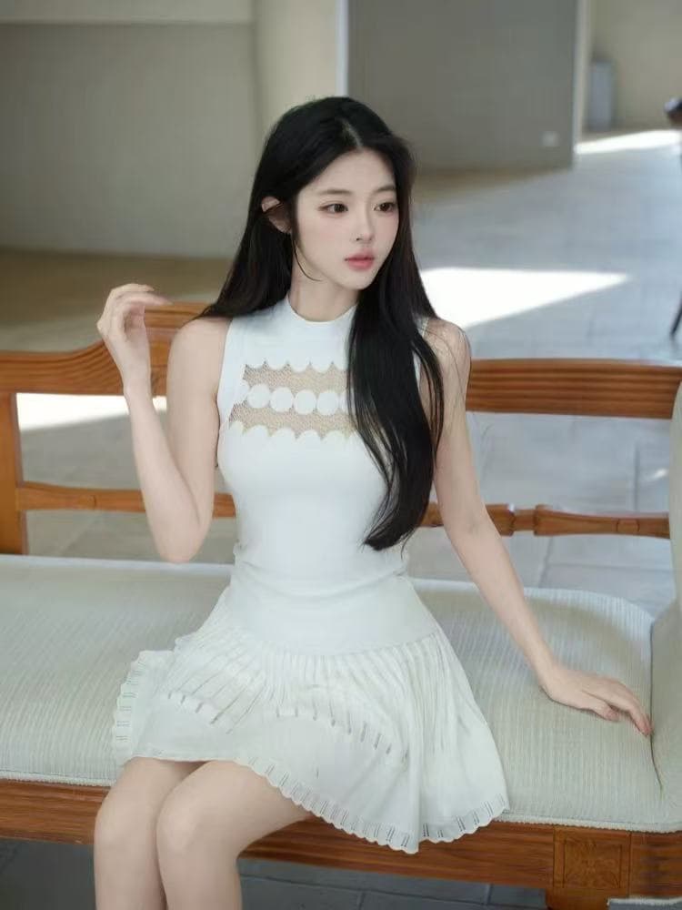 m900 레이스 조각 조끼 여성 2026 년 봄 새로운 반하이넥 핫걸 몸매 가꾸기 슬림해 보이는 니트 세트 상세 이미지 3