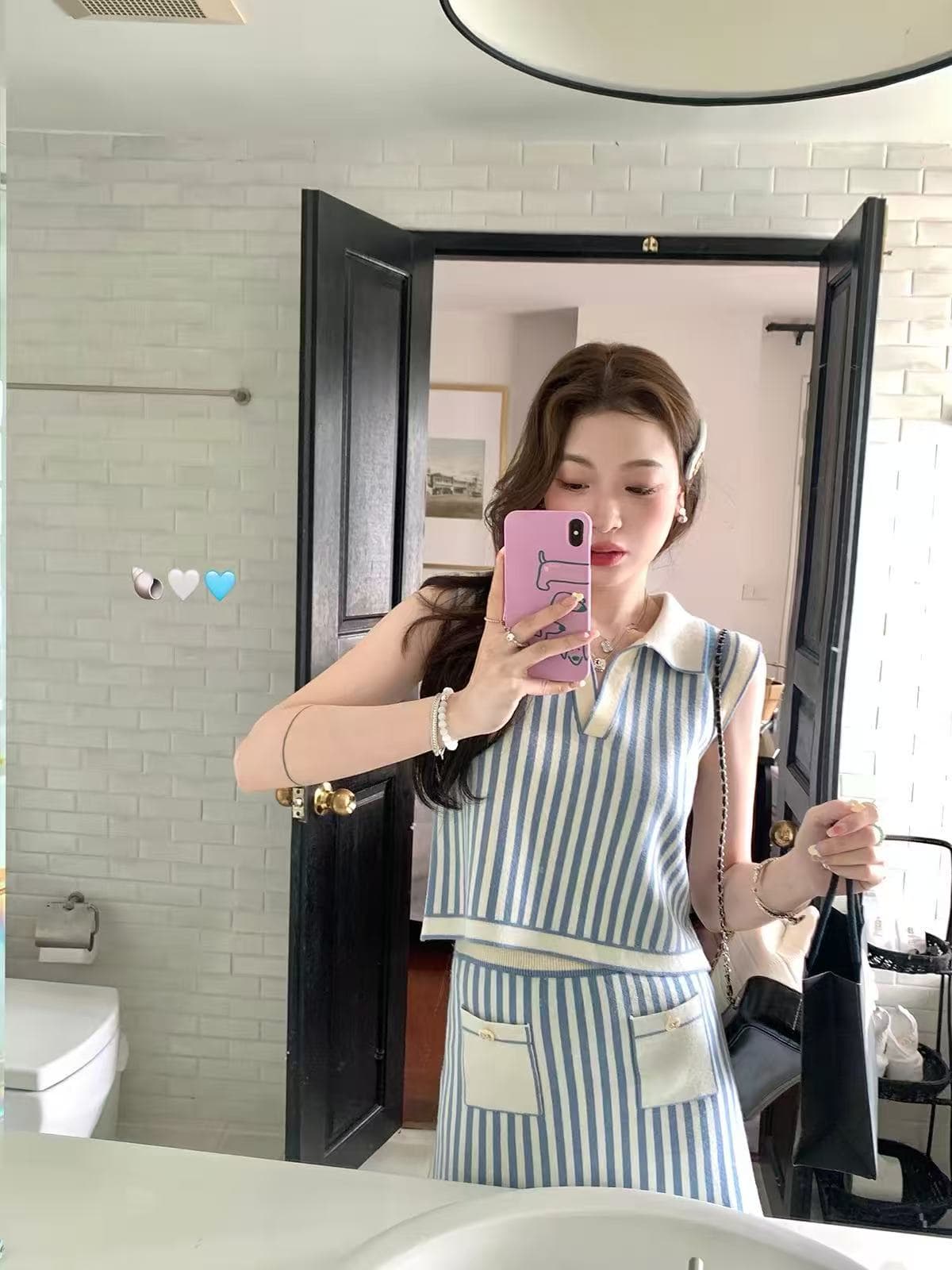 thepeachofficial 바다 소금 박하 블루 화이트 스트라이프 니트 세트 여성 POLO 칼라 민소매 조끼 반 스커트 이미지 2