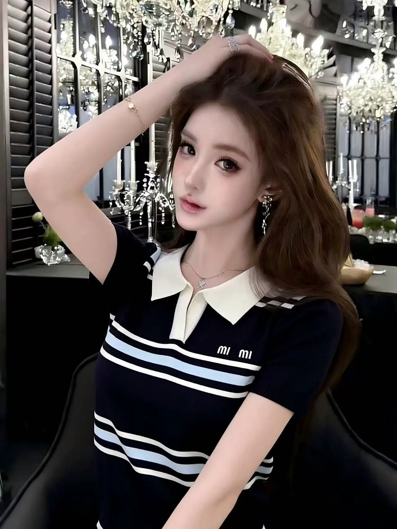 배색 스트라이프 POLO 칼라 니트 스웨터 여성용 짧은 소매 여름 새로운 한 부서 고급 센스 슬림해 보이는 다용도 캐주얼 맨위