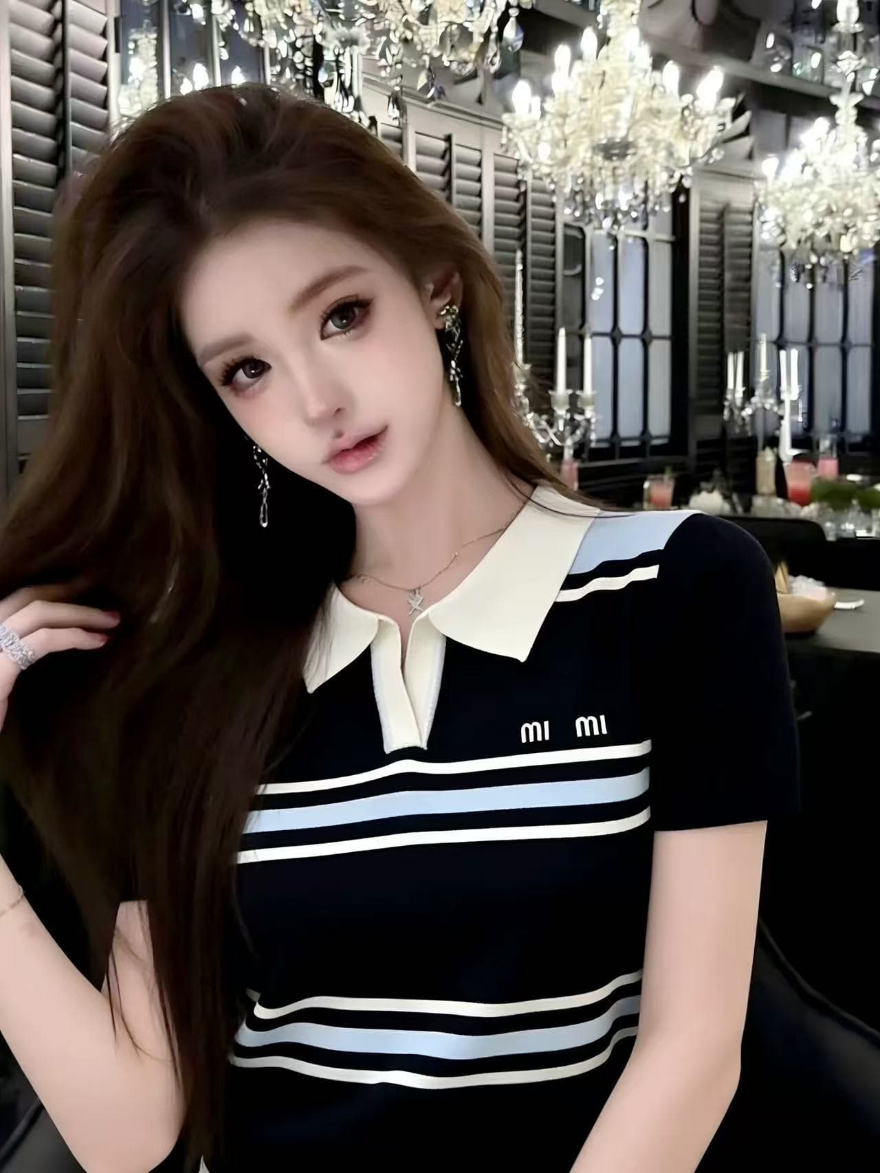 배색 스트라이프 POLO 칼라 니트 스웨터 여성용 짧은 소매 여름 새로운 한 부서 고급 센스 슬림해 보이는 다용도 캐주얼 맨위 이미지 2