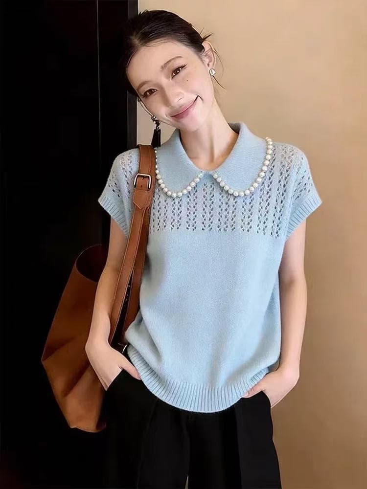 광저우 열세 개 높음 물품 프랑스식 부드러운 바람 진주 베이비 칼라 홀로우 아웃 니트 반팔 여성 패션 품격 맨위