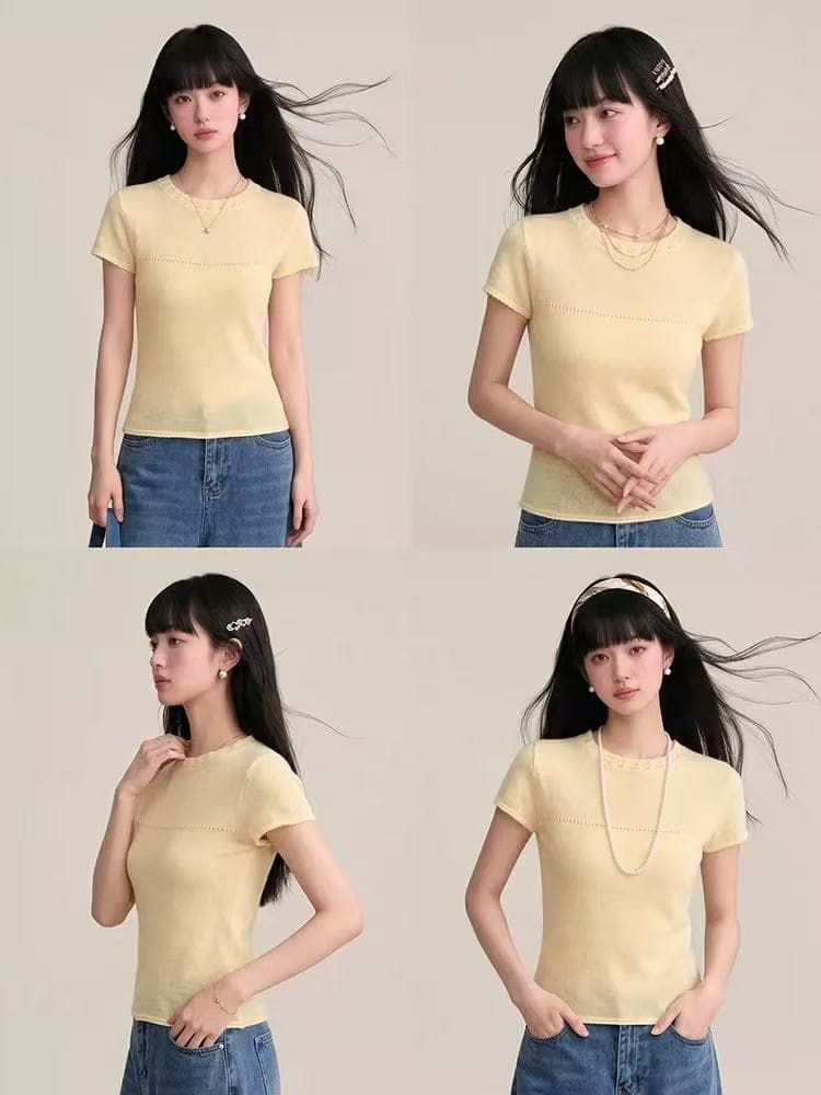 여성 의류 라운드 넥 캐주얼 바람 룽 희 언어 베이지 색 니트 반팔 여성 여름 부드러운 찹쌀 느긋한 바람 연령 감소 맨위 이미지 4