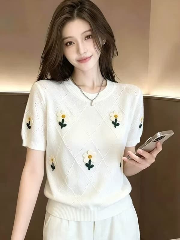 뮤 토끼 한 부서 얇은 스타일 3 차원 꽃 니트 스웨터 여성 2026 여름 새로운 캐주얼 루즈핏 반팔 티셔츠 맨위 상세 이미지 1