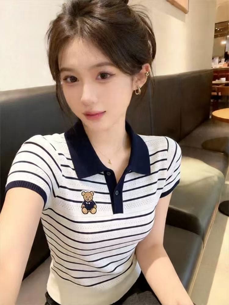한 부서 자수 작은 곰 POLO 칼라 반팔 티셔츠 여성 여름 연령 감소 외국 가스 배색 스트라이프 몸매 가꾸기 슬림해 보이는 맨위 상세 이미지 5