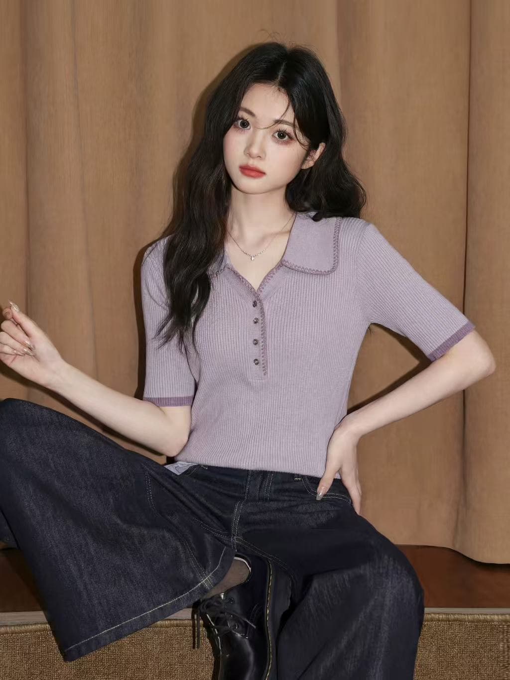 보라색 V넥 반팔 티셔츠 여성 2026 여름 새로운 POLO 칼라 얼음 실크 니트 긍정적 인 어깨 반소매 동정 쇼트 스타일 맨위 이미지 3