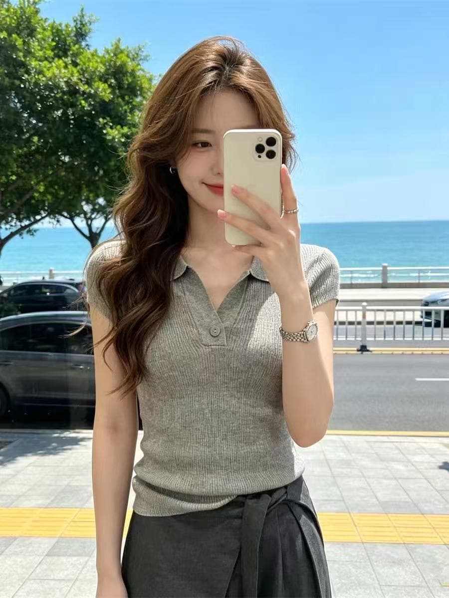 2026 여름 새로운 반 개방 칼라 패션 구덩이 기사 반팔 털 니트 스웨터 여성 고유 한 몸매 가꾸기 슬림해 보이는 연령 감소 맨위 상세 이미지 1