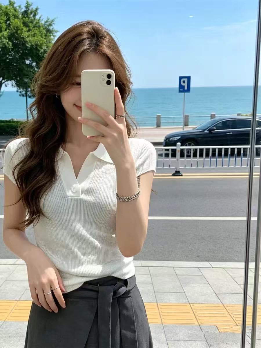 2026 여름 새로운 반 개방 칼라 패션 구덩이 기사 반팔 털 니트 스웨터 여성 고유 한 몸매 가꾸기 슬림해 보이는 연령 감소 맨위 상세 이미지 4