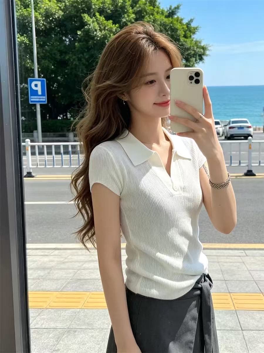 2026 여름 새로운 반 개방 칼라 패션 구덩이 기사 반팔 털 니트 스웨터 여성 고유 한 몸매 가꾸기 슬림해 보이는 연령 감소 맨위 상세 이미지 5