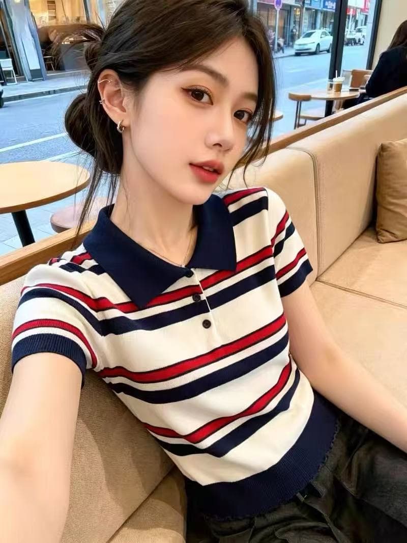 보존 섹션 추천 한 부서 레트로 배색 스트라이프 니트 스웨터 여성 여름 학원 스타일 패션 POLO 칼라 맨위 이미지 4