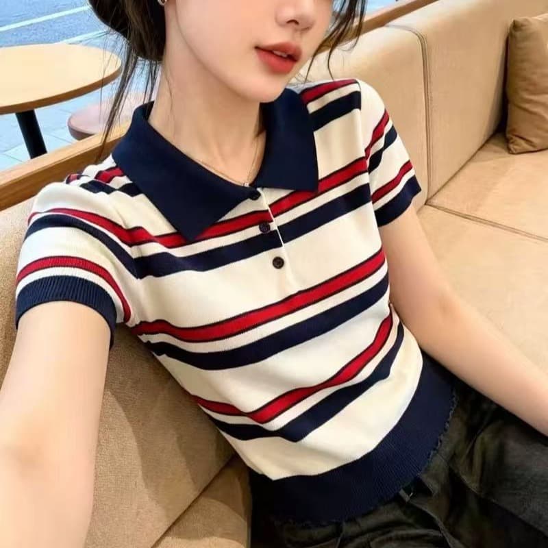 보존 섹션 추천 한 부서 레트로 배색 스트라이프 니트 스웨터 여성 여름 학원 스타일 패션 POLO 칼라 맨위 이미지 5