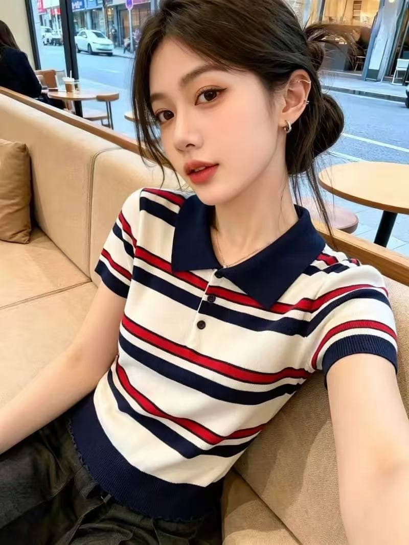 보존 섹션 추천 한 부서 레트로 배색 스트라이프 니트 스웨터 여성 여름 학원 스타일 패션 POLO 칼라 맨위 상세 이미지 2