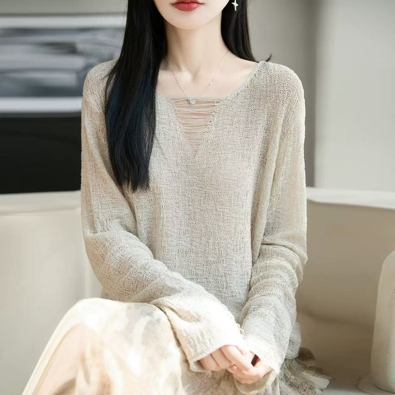 아마 라이 경기 서울 니트 스웨터 여성 얇은 스타일 여름 찢어진 부분 홀로우 아웃 루즈핏 긴팔 자외선 차단 맨위 느긋한 블라우스 이미지 5